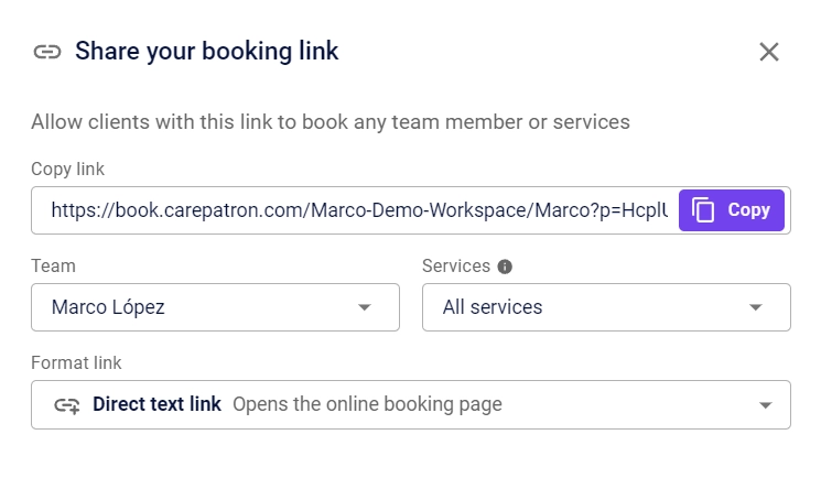 Sharing Carepatron Booking Link