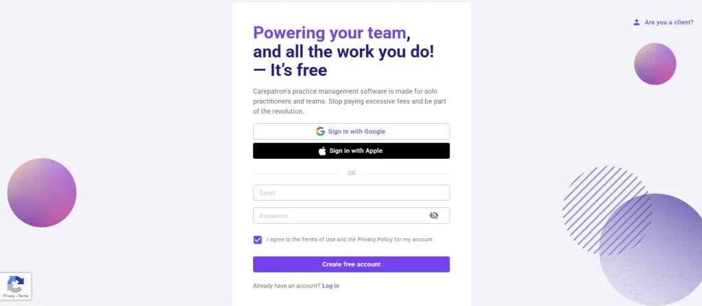 Carepatron Sign up Login page