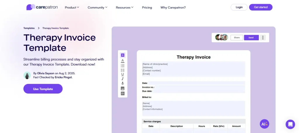 Carepatron payment settings and invoice templates