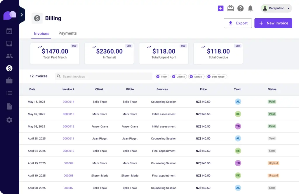 Carepatron Billing Features